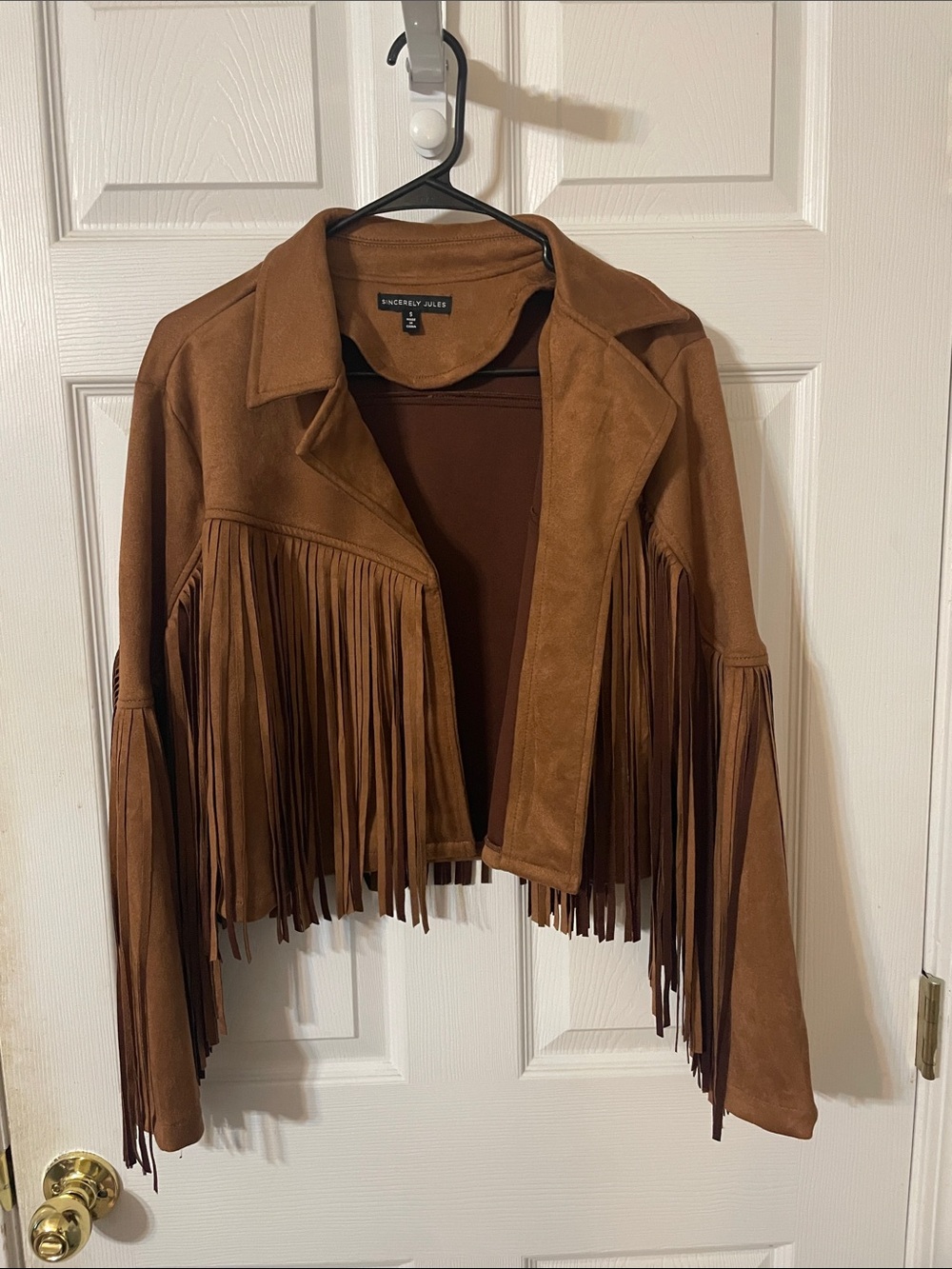 Sincerly Jules Brown Faux-Suede Fringe Open-Front Jacket